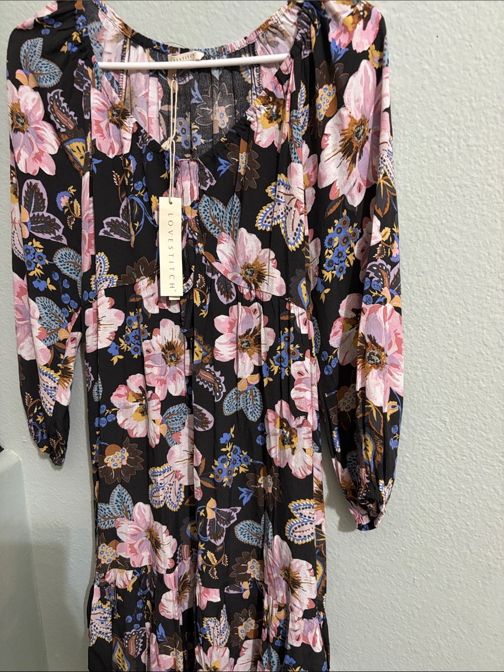 Lovestitch Black Floral Maxi Dress with Pink & Blue Blooms